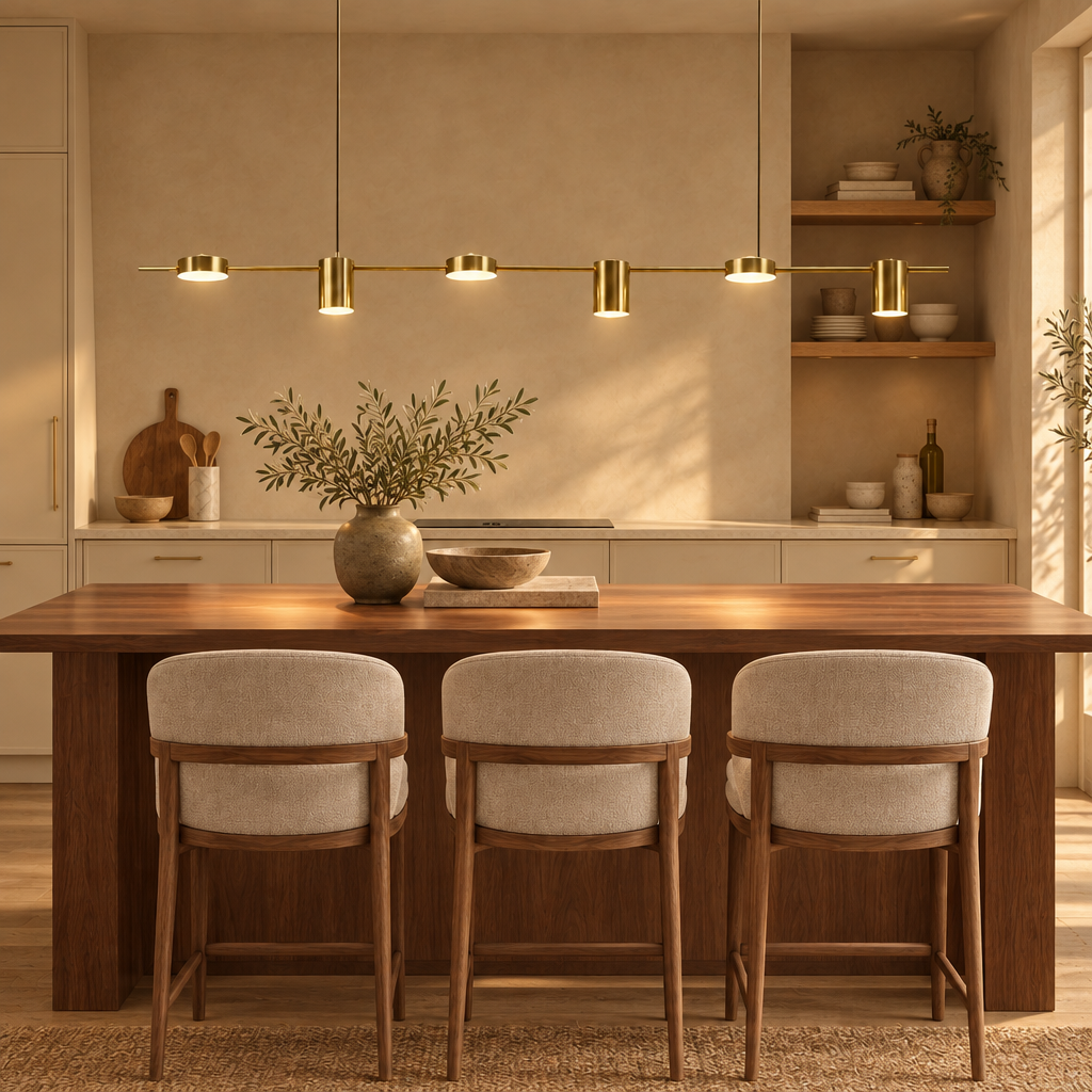 Brushed gold 6-light linear LED spot pendant above a walnut kitchen island in a warm beige kitchen