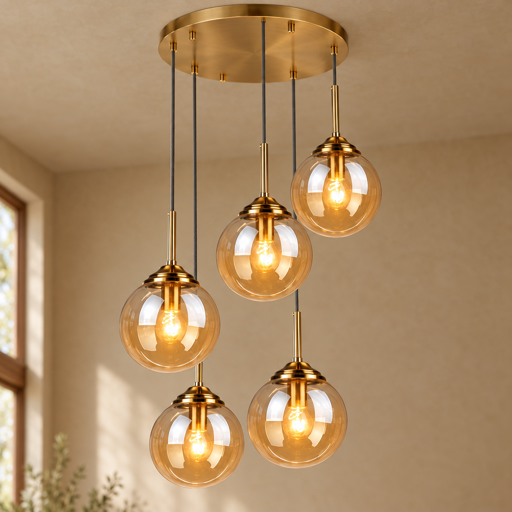Close-up of the brass round 5-light glass globe pendant with amber glass globes against a warm beige ceiling