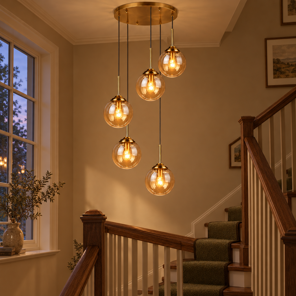 Brass round 5-light glass globe pendant glowing in a stairwell with a walnut handrail and olive green runner in the evening