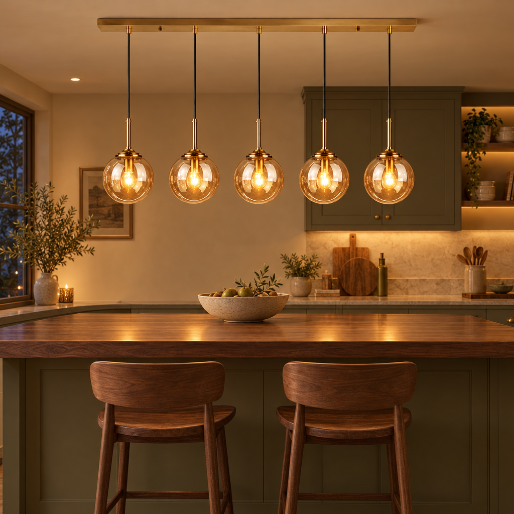 Brass 5-light bar glass globe pendant glowing above a walnut kitchen island with olive green cabinets in the evening