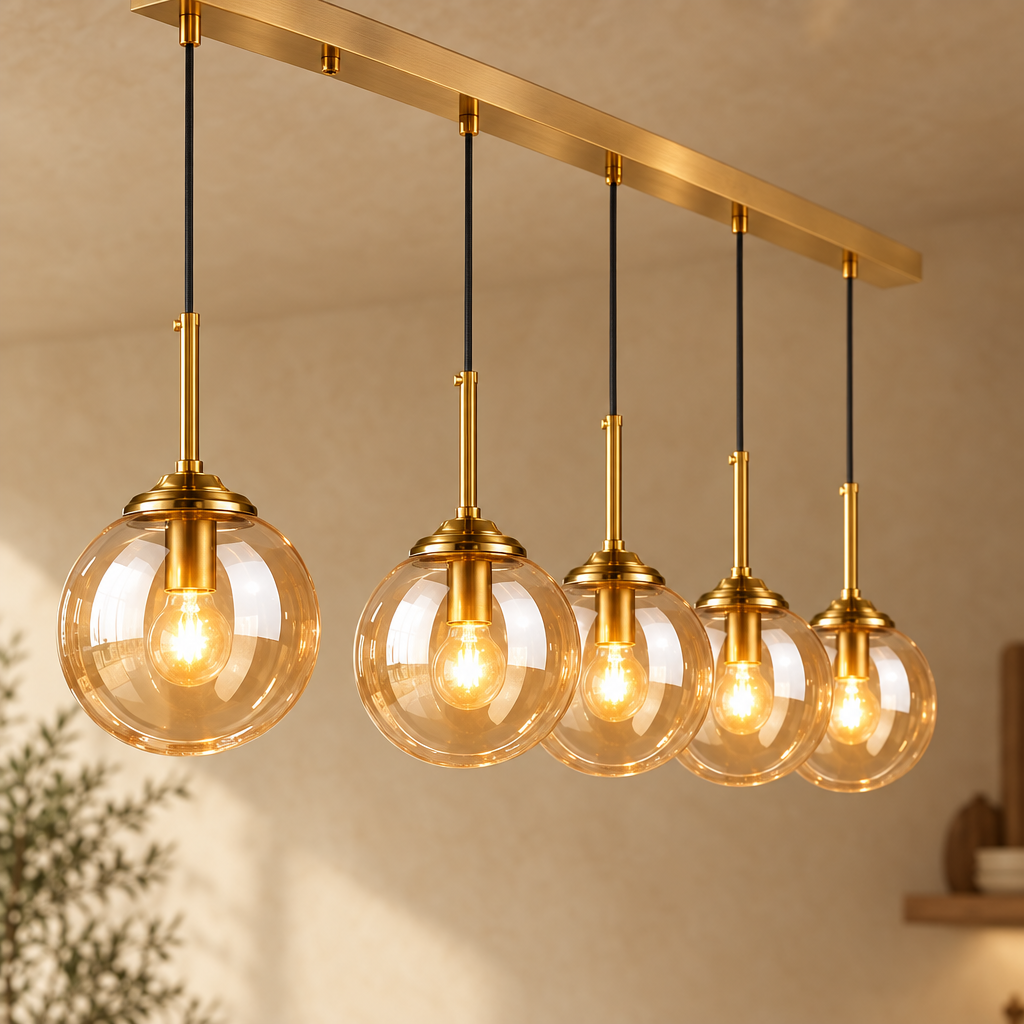 Close-up of the brass 5-light bar glass globe pendant with amber glass globes against a warm beige wall