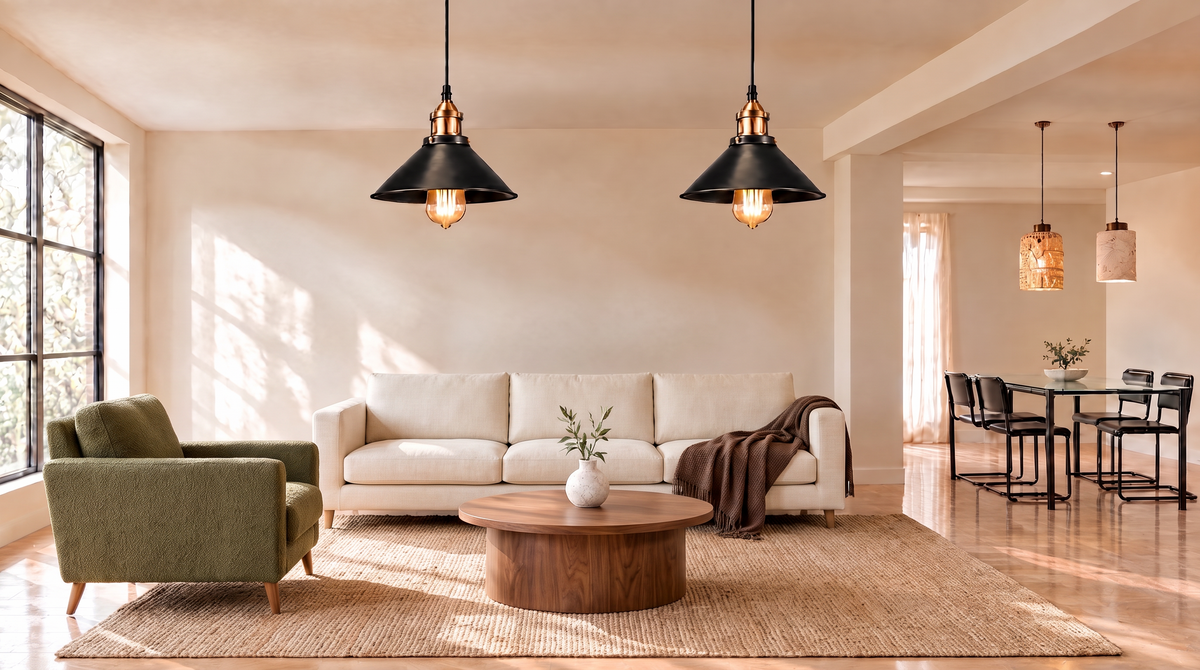 Two black and brass cone pendant lights in a warm beige living room with a cream linen sofa, walnut coffee table and olive green armchair