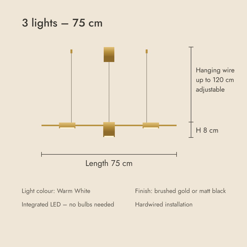 Linear LED spot pendant dimensions – 3 lights, 75 cm rail, hanging wire up to 120 cm