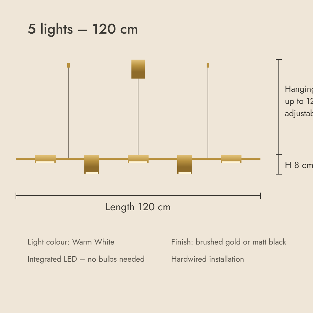 Linear LED spot pendant dimensions – 5 lights, 120 cm rail, hanging wire up to 120 cm